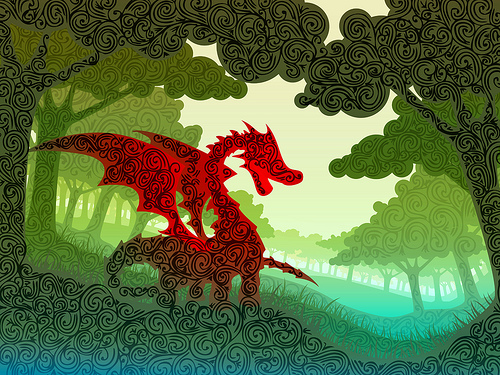 landscape digital image of red dragon in green meadow, created  from hand-drawn swirls. 26PM Creatures Illustration Design, Josiah  Munsey
